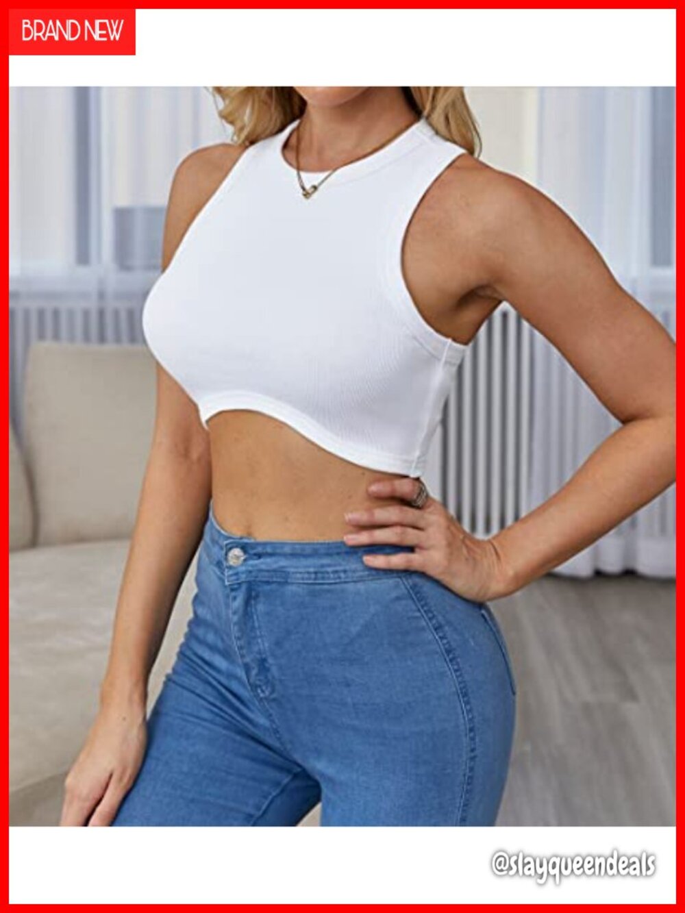Crew Neck Racerback Knit Ribbed Basic Sleeveless Crop Tank Top - Picture 3 of 7